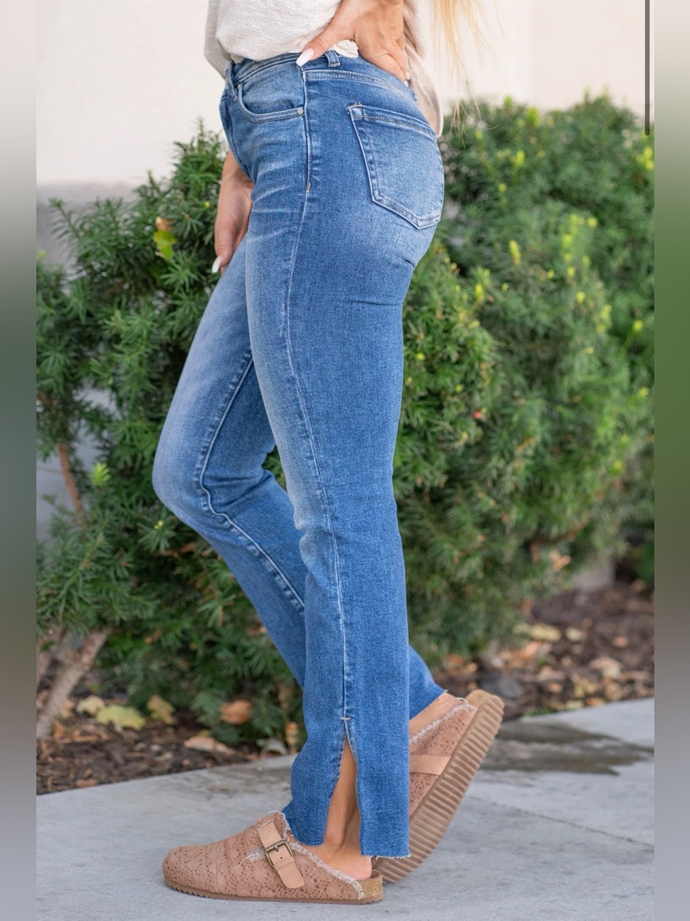 Risen Jeans High Rise Raw Hem Straight Leg Side Slit Jeans Size 30